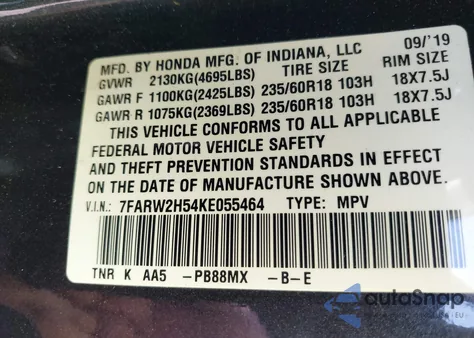 2019 Honda Cr-V Ex from USA, damaged, VIN 7FARW2H54KE055464